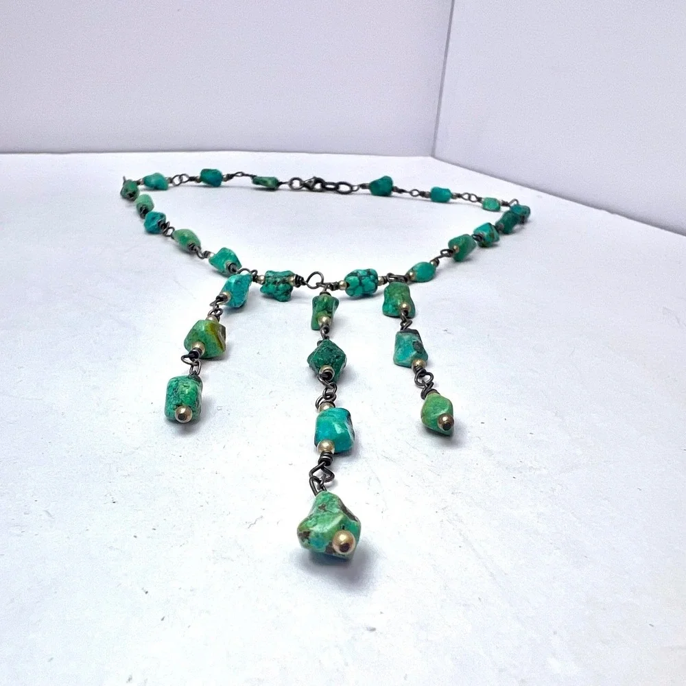 Vintage Turquoise Sterling Silver Fringe Necklace Boho Southwestern Choker Bib